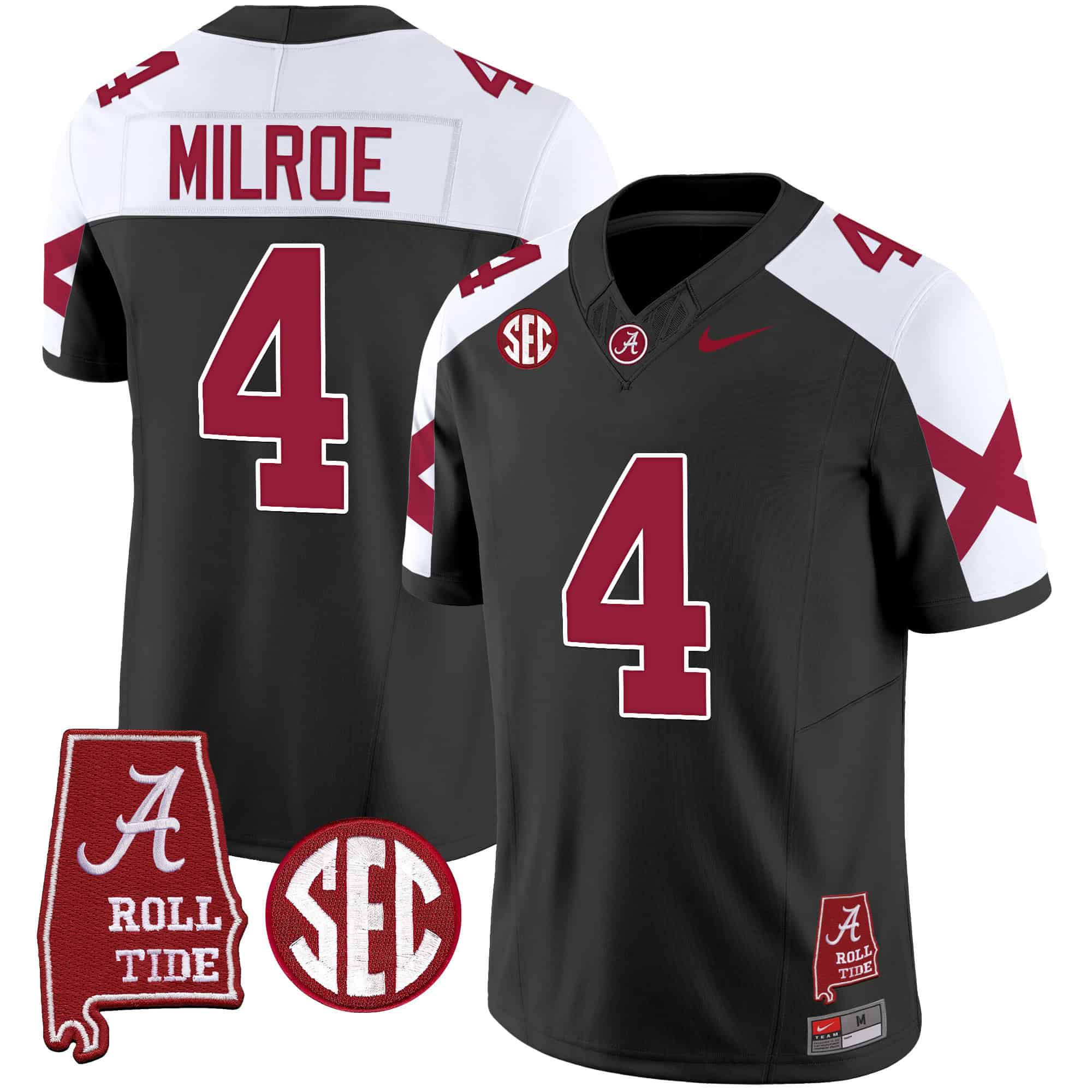Men Alabama Crimson Tide #4 Milroe Black Map Vapor Limited 2024 Nike NCAA Jersey style 1
